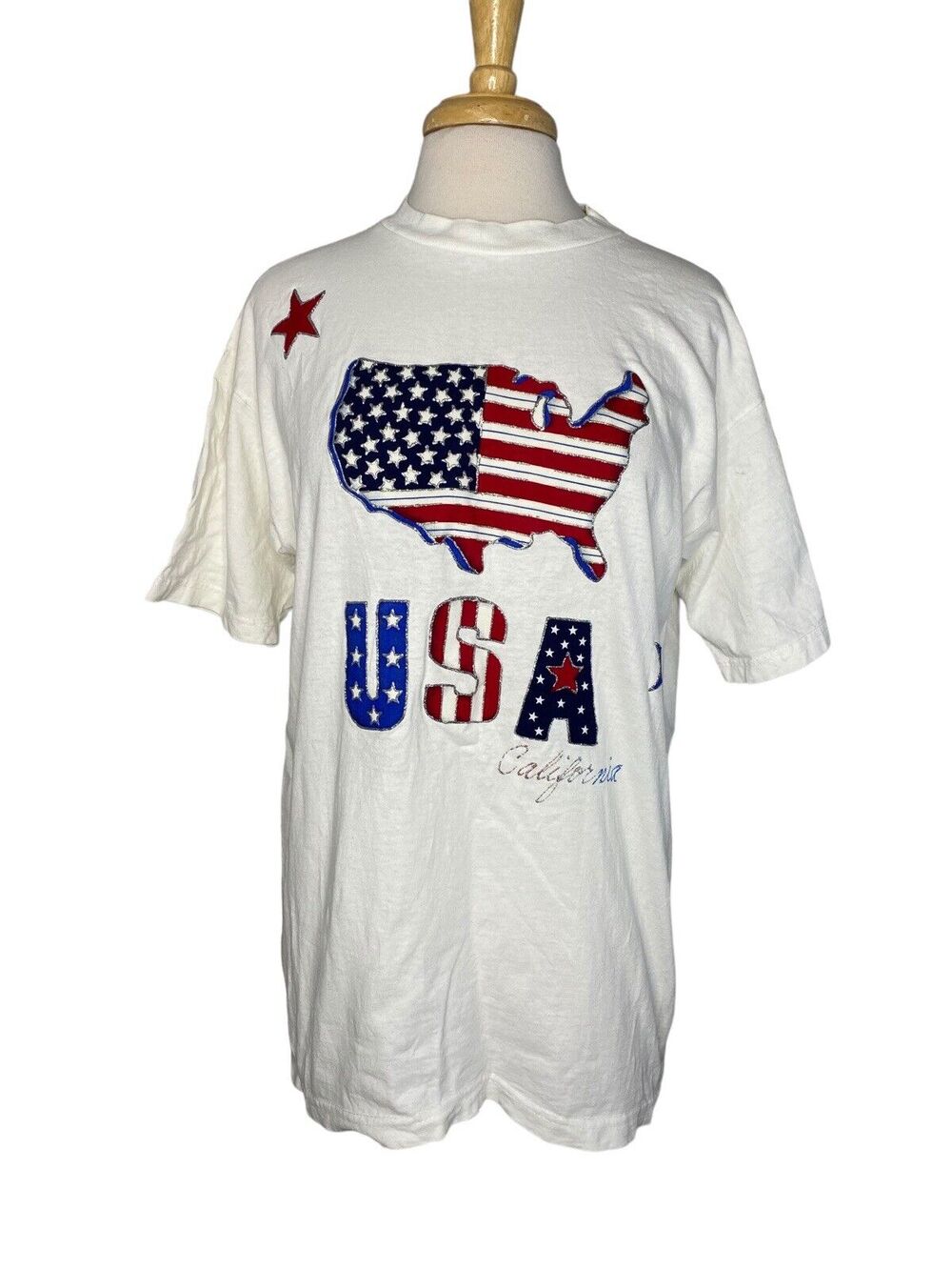 BAYSIDE Sparkly Patriotic USA California Graphic Print White Tee Large Unisex